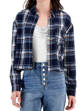 Self E by Self Esteem Flannel Plaid Cropped Buttons Up Shirt in Navy Blue Size M